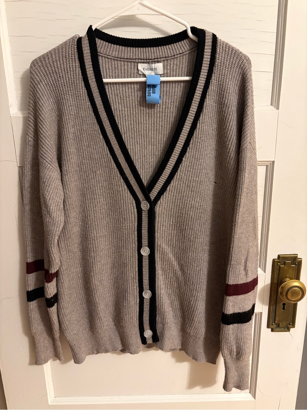 Evereve Astrid Varsity Cardigan Sweater Grey/Burgandy/Black - size small